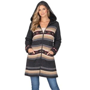 Laundromat 100% wool Hooded Zip Front Striped Knit Sweater Coat Fleece Lined